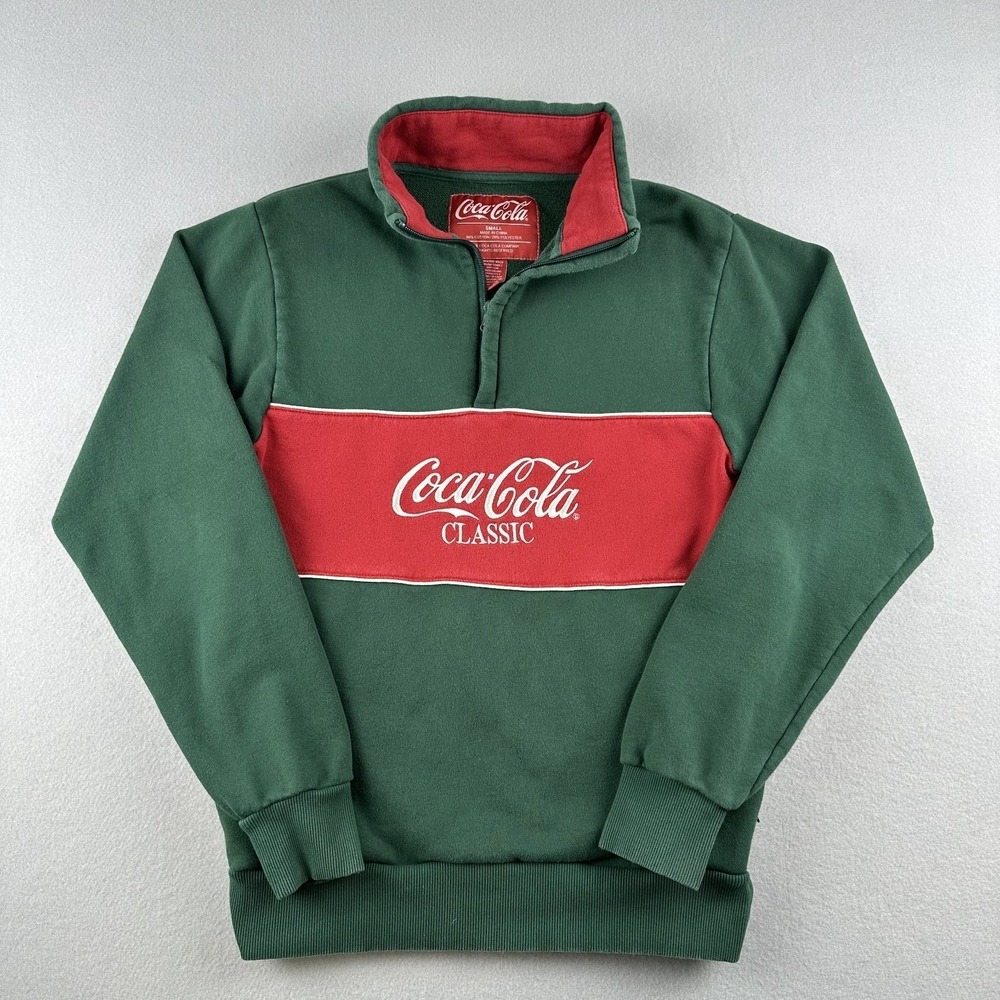 Coca-Cola 1/4 Zip Men's Small Green Red Embroidered Fleece Sweatshirt Pullover